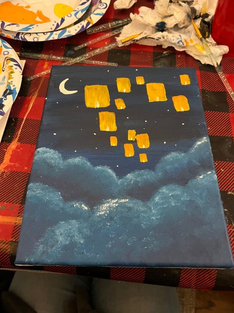 a canvas painted with the dark blue night sky filled with clouds and sky lanterns and a crescent moon Sky Lantern Drawing, Lantern Tangled, Lanterns Drawing, Tangled Painting, Tangled Aesthetic, Lantern Drawing, Tangled Lanterns, Lantern Painting, Lantern Art