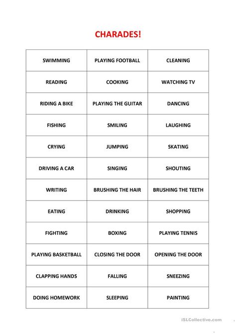 Charades! - English ESL Worksheets for distance learning and physical classrooms Charades For Kids, Charades Cards, Drama Activities, Charades Game, Virtual Party, Group Games, Kids Games, Esl Worksheets, Family Night