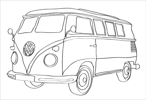 Combi Van Tattoo, Volkswagen Van Tattoo, Vw Van Drawing, Camper Van Drawing, Camper Drawing, Van Drawing, Kombi Pick Up, Van Vw, Combi Van