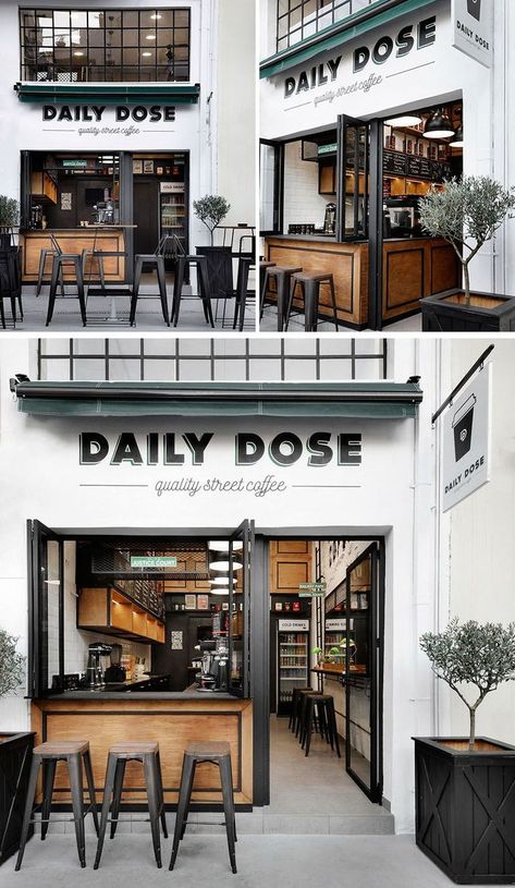 Andreas Petropoulos has recently completed the design of Daily Dose, a small takeaway coffee bar in the city of Kalamata, Greece, that features a white, black and wood interior. Black And Wood Interior, Kaffe Bar, Bar In Casa, Bar Deco, Small Coffee Shop, Coffee Shop Interior Design, Cafe Shop Design, Coffee Shops Interior, Interior Vintage