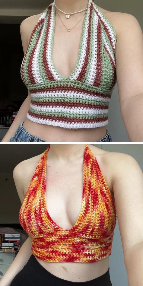 Easy Crochet Halter Top, Crochet Halter Tops Free, Halter Top Pattern Free, Crochet Halter Top Pattern Free, Crochet Halter Top Pattern, Top Crop Tejido En Crochet, Crochet Top Outfit, Crochet Crop Top Pattern, Crochet Clothes For Women