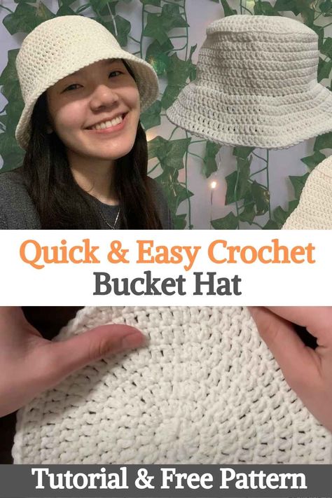 Here's a quick and easy tutorial on how to make a simple crochet bucket hat! This pattern can be adjusted to fit any size and is easily customized. This is a perfect first project for beginners because it uses the most basic points and concepts. This pattern requires a magic circle (MC), but you can replace it by chaining 4 and making slip stitches on the first chain. This hat mainly uses double crochet (dc), sometimes only in the back loop (BLO) or only in the front loop... Crochet Project Ideas For Beginners, Crochet Bucket Pattern Free, Crochet Hat Simple, Simple And Easy Crochet Projects, Crochet Patterns Bucket Hat Free, Crochet Bicket Hat, Crochet Hucket Hat, Crochet Mushroom Bucket Hat Free Pattern, Basic Bucket Hat Crochet Pattern