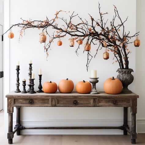 Halloween Indoor Decor - Create a Haunting Entryway Indoor Foyer Ideas, Diy Halloween Entryway, Sideboard Halloween Decor, Halloween Indoor Entryway, Halloween Entry Decor, Halloween Entrance Table, Countertop Halloween Decor, Entry Way Table Decor Fall, Halloween Decor Kitchen Island