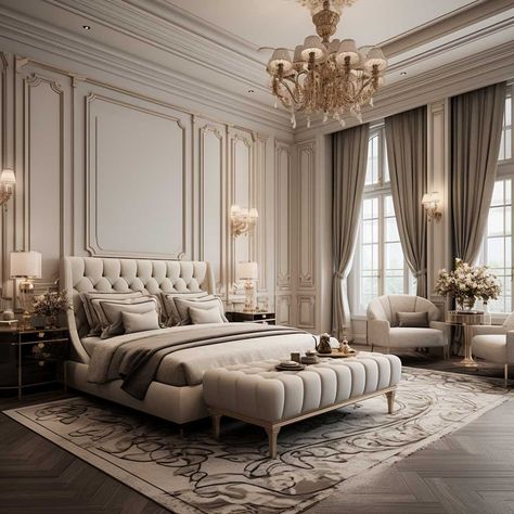 Crafting Serene Elegance in Your Bedroom Design • 333+ Images • [ArtFacade] Long Bedroom Ideas, Rooftop Room, Modern French Country Bedroom, High Ceiling Bedroom, Aesthetics Bedroom, Grey Bedroom Paint, Aesthetics Room, Classic Bedroom Design, Bedroom Ideas Luxury