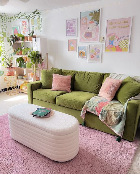 little living room pic 🌷🌿🌸 Groovy Aesthetic Living Room, Colorful Simple Living Room, Couch Room Aesthetic, Green And Pink Living Room Color Scheme, Green And Pink Apartment Aesthetic, Pastel Green Couch, Small Pink Living Room, Green Couch Living Room Aesthetic, Girly Boho Living Room