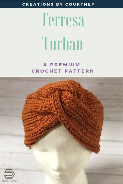 The Terresa Turban crochet pattern requires one skein of worsted weight yarn and a size US J10 hook. It's sized from Preemie- Adult Large. Crochet Chemo Turban Pattern Free, Turban Crochet Hat Free Pattern, Crochet Turban Headband, Vintage Crochet Hats Free Pattern, Crochet Turban Hat Pattern Free, Adult Turban Pattern, Crochet Headwrap Free Pattern, Crochet Turban Pattern Free, Crochet Turban Pattern