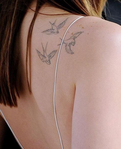 Dakota Johnson Tattoos, Bird Shoulder Tattoos, Bird Tattoo Back, Little Bird Tattoos, Small Back Tattoos, 12 Tattoos, Health Tattoo, Back Of Shoulder Tattoo, Shoulder Tattoos For Women