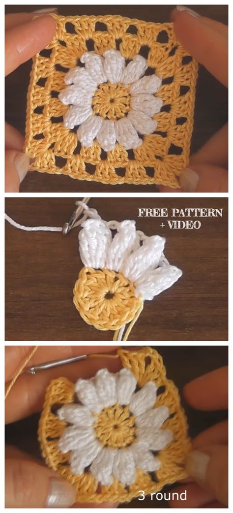 Crochet Daisy Granny Square Free Crochet Patterns + Video Granny Square Crochet Patterns, Granny Square Crochet Patterns Free, Mode Crochet, Pola Amigurumi, Scarf Knitting, Crochet Daisy, Crochet Sunflower, Haken Baby, Crochet Square Patterns