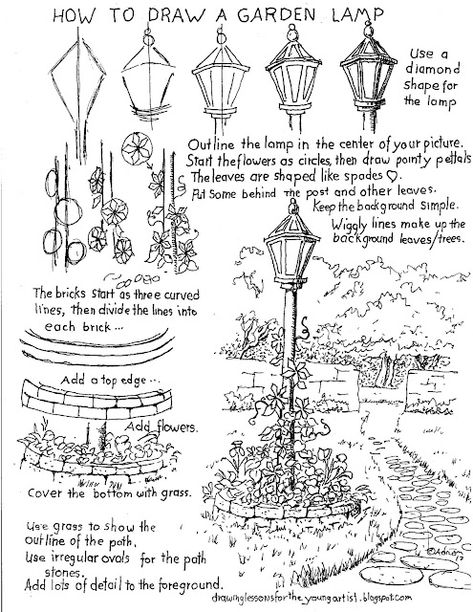 Landscape Art Lessons, Garden Lamp Post, Perspective Drawing Architecture, Architecture Drawing Sketchbooks, Garden Lamp, Canvas For Beginners, Garden Drawing, Architecture Drawing Art, Perspective Art