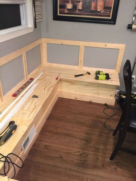 How To Build A Bench For Kitchen Table, Built In Kitchen Table Bench, Table Bench Seating, Built In Dining Room Seating, Diy Kitchen Nook, Built In Dining Bench, Dining Island, Dining Room With Fireplace, Seating In Kitchen