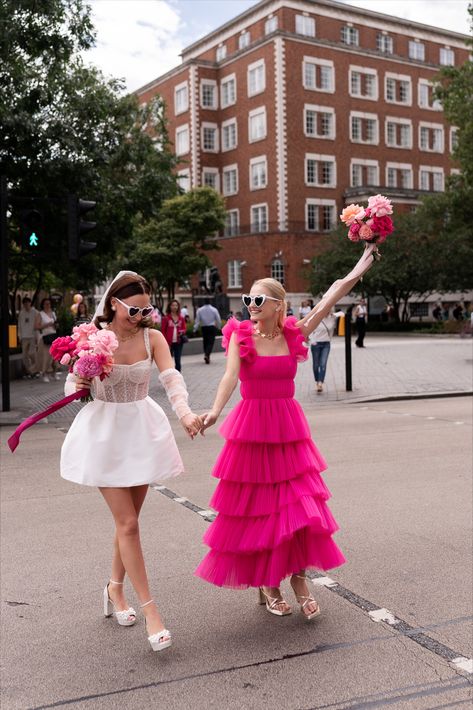 Pink Barbie vibe wedding flowers. Photography by https://www.byemmaolivia.com/home Barbie Pink Bridesmaid Dresses, Madison Chamberlain Bridal, Barbie Themed Wedding, Barbie Core Wedding, Barbie Wedding Theme, Red And Pink Bridesmaid Dresses, Funky Wedding Dress, Barbie Inspired Wedding, Pink Wedding Dress Short