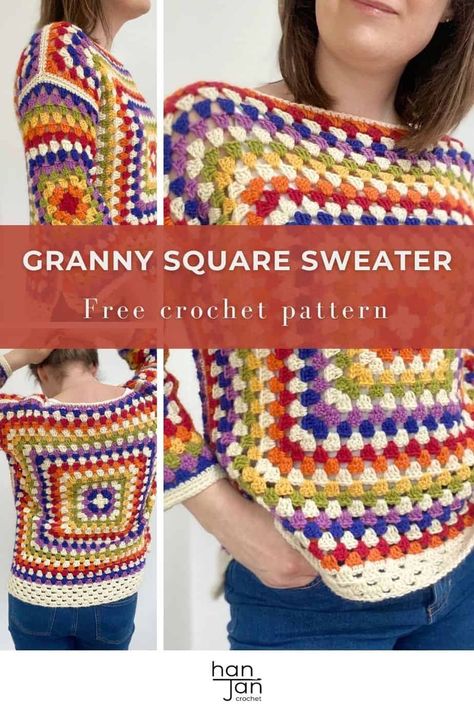 The Rainbow Granny Square Sweater is an easy to make and even easier to wear beginner crochet garment that you will love! Simply make 4 granny squares and seam them together with a few details to create a stunning crochet box sweater that you will wear every season. With endless colour possibilities you can make yours unique and it’s perfect for yarn stash busting too! In sizes XS-3X. A quick and easy crochet project perfect for Pride! #grannysquare #pride #crochetsweater Crochet Granny Square Jumper Pattern, Free Granny Square Sweater Pattern, Crochet Granny Square Jumper Free Pattern, Crochet Granny Jumper, Granny Square Crochet Jumper, Crochet Granny Square Sweater Free Pattern, Crochet Square Jumper, Granny Square Sweater Free Pattern, Granny Square Clothes Free Pattern