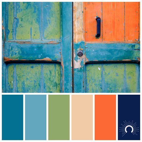 The color palette works together to create harmony. Aura Azul, Teal Rooms, Teal Color Palette, Mexican Colors, Color Schemes Design, Orange Color Palettes, Yellow Colour Scheme, House Color Palettes, Living Room Color Schemes