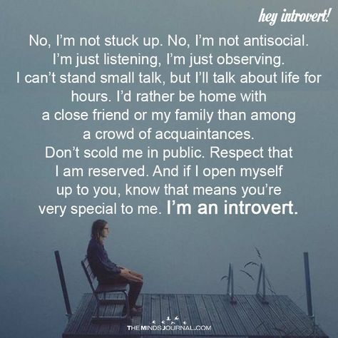 No, I'm Not Stuck Up. I'm Not AntiSocial - https://themindsjournal.com/no-im-not-stuck-im-not-antisocial/ Introvert Problems, Stuck Up People Quotes, Stuck Up Quotes, Infj Careers, Antisocial Quotes, Truth Or Truth Questions, Infj Personality Type, Introverts Unite, Introvert Quotes