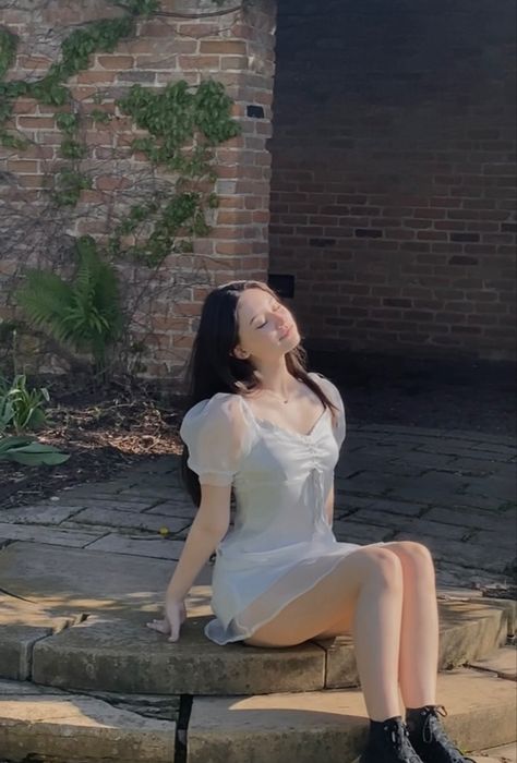 sitting in the sun, sitting pose inspo, yesstyle dress, sitting photoshoot, pose inspiration, instagram pose inspo, garden pose inspo Siting Pose References Draw, Pose For Short Dress, Sitting Facing Forward Reference, Sitting On Curb Pose, Sitting On Bed Pose Reference, Sitting Pose Chair, Sitting Poses For Pictures Instagram, Sitting Chair Poses, Sitting Poses Chair