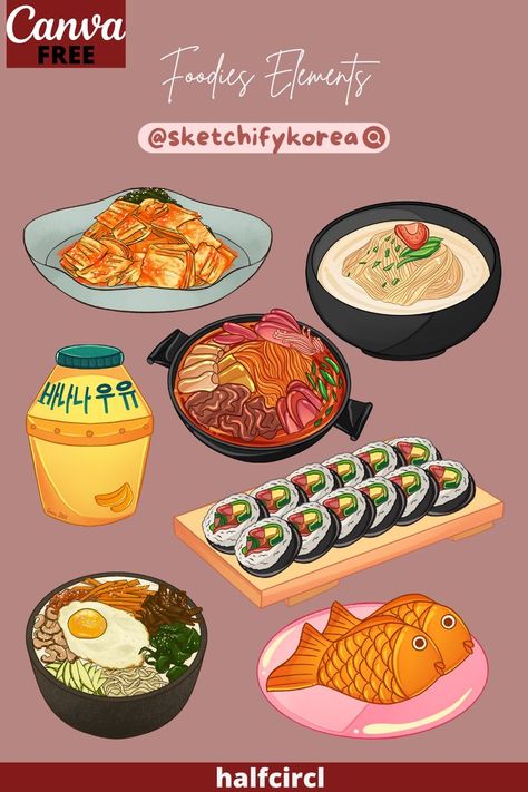 Cute Korean Food Stickers, Stiker Canva Aesthetic, Korean Food Illustration Art, Canva Food Elements, Korean Food Cartoon, Korean Food Drawing, Food Drawing Aesthetic, Korean Food Illustration, Korean Food Art