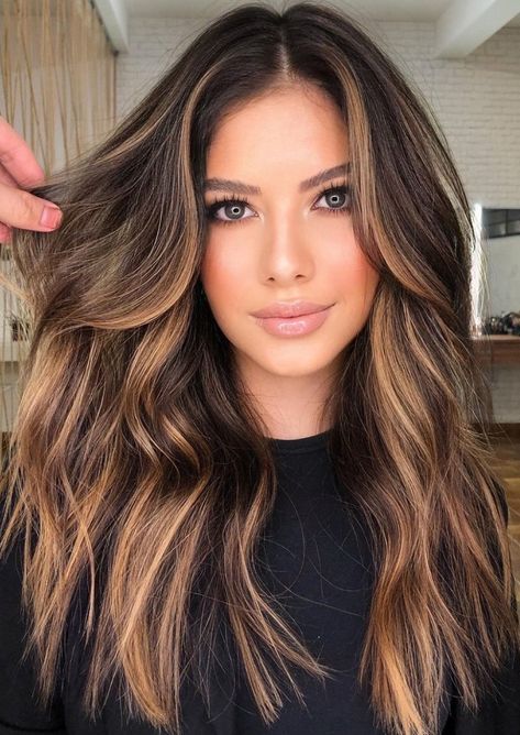 Something Different Hair Color, Brown Dimensions Hair, Ombre With Lowlights, Business Hairdos For Women, Dimensional Brunette Curtain Bangs, Brunette Bayalage With Curtain Bangs, Caramel Hair Curtain Bangs, Caramel Balayage Shadow Root, Melted Money Piece Hair