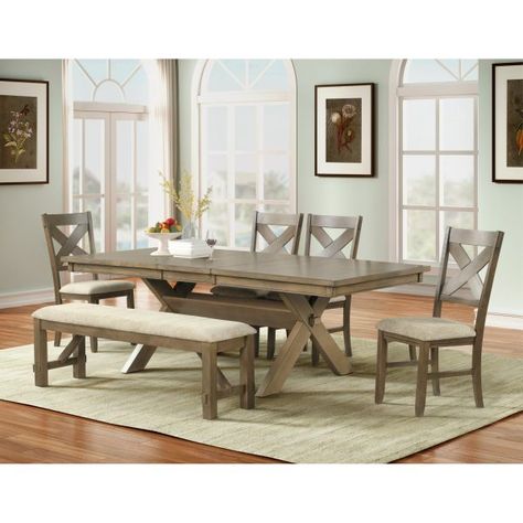 Roundhill Furniture Raven Wood 6-Piece Set, Extendable Trestle Dining Table with 4 Chairs and Bench, Glazed Pine Brown Dining Sets, Table With 4 Chairs, Dining Table With Leaf, Dining Set With Bench, Trestle Dining Table, Trestle Dining Tables, Farmhouse Dining Room, Farmhouse Dining, Table And Chair Sets