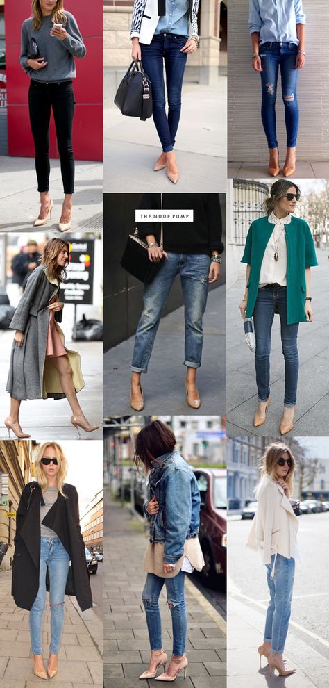 The Nude Pump | outfit inspiration - seriously need to find a good pair of nude pumps. Bone Color Shoes Outfit, Beige Stilettos Outfit, Beige Pumps Outfit Work, Outfit With Pointy Heels, Jeans With Pumps Outfit, Cognac Heels Outfit, Cream Pumps Outfit, Jeans And Pointy Heels Outfits, Tan Pumps Outfit