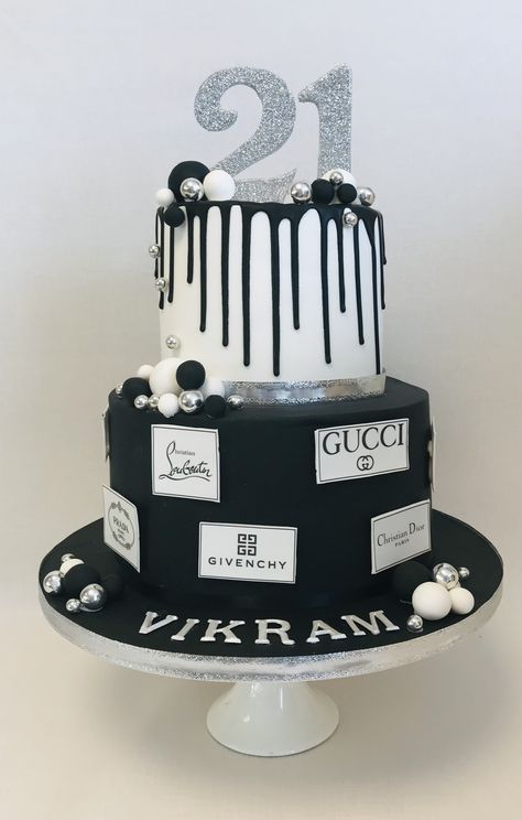 2 tier 21st Birthday cake in monochome black and white with a touch of silver including favourite designer logos Pastel, Cake Black And White Birthday, Black And Silver 21st Birthday Cake, Black White And Silver Birthday Cake, Silver And Black Birthday Cake, Birthday Cake Black And Silver, Black And Silver Cake For Men, 2 Tier 21st Birthday Cake, Dior Cake Ideas
