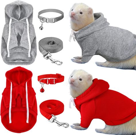 You will receive 6 pieces of ferret accessories in grey and red. These accessories, harness and leash sets are easy to put on and take off, suitable for a variety of animals, such as hamsters, chinchillas, teacup chihuahuas, cats, mice and other types of small animals. Clothes measure about 8.5x5.5 inches, harness and leash set measures about 48 inches long, you can adjust the proper length to fit your pet. Our ferret collars are designed with bells; equipped with buckles that are easy release. Ferret Harness And Leash, Ferret Leash, Ferret Outfits, Ferret Collar, Ferret Playpen, Rat Harness, Ferret Accessories, Ferret Harness, Ferret Clothes