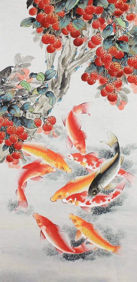 Fengshui Painting, Gongbi Painting, Stylized Drawing, Koi Fish Art, Asian Gifts, Feng Shui Art, Koi Painting, Dragon Fish, Chinese Wall