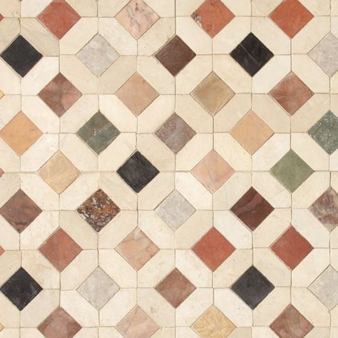 Color Tile Backsplash Kitchen, Farmhouse Tile Bathroom Floors, Spanish Tile Backyard, Multicolor Backsplash, Limestone Kitchen, Brass Tile, European Cottage, Limestone Tile, Antique Stone