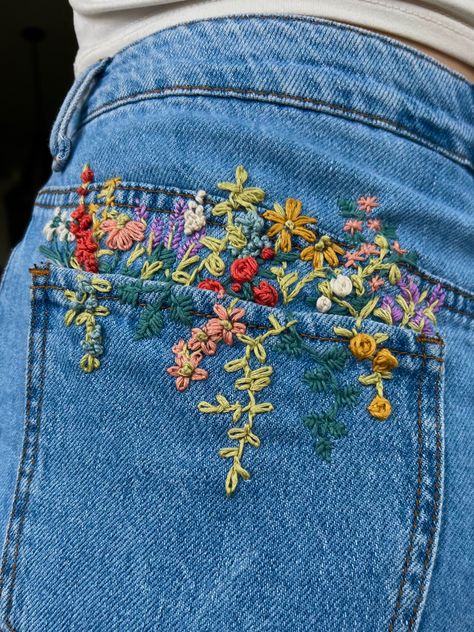 Pants embroidery, embroidery, wildflowers, flower embroidery Flower Embroidery Jean Jacket, Embroidery Flower Petals, Embroidery Pants Jeans, Embroidery On Pants, Hand Sewn Clothes, Denim Jacket Embroidery, Embroidery Jeans Jacket, Embroidery Jeans Diy, Styling Skirts