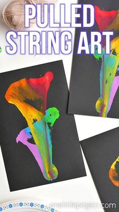 String paint art is SO PRETTY and it's really simple to create! This is such a fun and easy art technique and a great art project for people of all skill levels. You can make pull string art with any kind of acrylic paint and either string or yarn. A great craft for kids, tweens, teens, adults or seniors! Painting With Yarn Preschool, Simple Kindergarten Art Projects, Fun Art Projects For Preschoolers, Preschool Art Techniques, Easy School Craft Ideas, School Age Craft Ideas, School Age Summer Camp Ideas Art Projects, Art Project Elementary School, Free Choice Art Projects