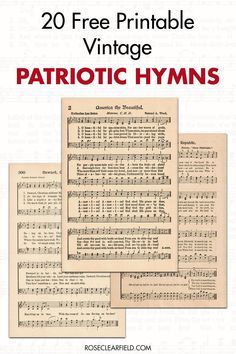 A collection of 20 FREE printable vintage patriotic hymns! Includes America the Beautiful, My Country 'Tis of Thee, The Star-Spangled Banner, Battle Hymn of the Republic, and more. Perfect for Memorial Day and 4th of July masses and church services as well as custom wall art and DIY projects. #freeprintables #printablehymns #printablesheetmusic #patriotichymns Patriotic Printables, Printable Hymns, Banners Music, Faith Of Our Fathers, Sheet Music Crafts, Hymn Sheet Music, Patriotic Diy, Patriotic Images, Americana Crafts