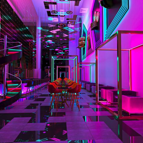 Concept NEON Bar on Behance Neon Party, Aesthetic Lounge, Only Aesthetic, Nightclub Design, New Retro Wave, Laser Tag, Lounge Design, Bar Interior, Neon Aesthetic