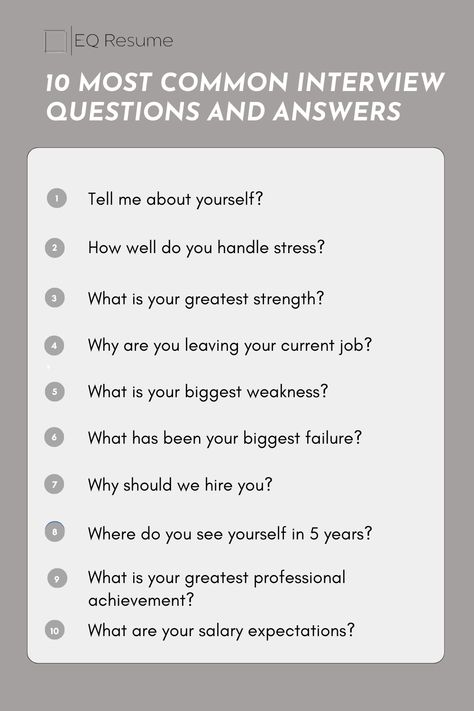 Prepare for your next interview with EQ Resume! Discover the 10 most common interview questions and expert answers to ace your interviews. Equip yourself with valuable insights to boost your confidence and stand out as the perfect candidate. #interviewquestions #jobinterview #careeradvice #EQResume #jobsearch #interviewtips #careerdevelopment #interviewprep #jobhunt #resume#interview #guidelines #tips #stratgies First Time Job Interview Tips, How To Get The Job Interview Tips, Common Interview Questions And Answers, Internship Interview Tips, Manager Interview Tips, Interview Preparation Tips, How To Ace An Interview, Interview Tips Questions And Answers, Second Interview Tips