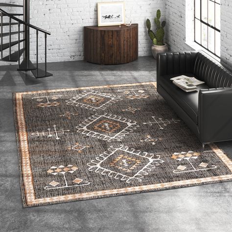 Steelside™ Mickie Southwestern Handmade Flatweave Jute Black/Ivory Area Rug & Reviews | Wayfair Black Rug Brown Couch, Black And Blue Area Rug, Masculine Rugs Bedroom, Rugs For Rustic Living Room, Cabin Rugs Living Room, Southwestern Rugs Living Room, Modern Boho Living Room Rugs, Cabin Rugs, Rug Jute