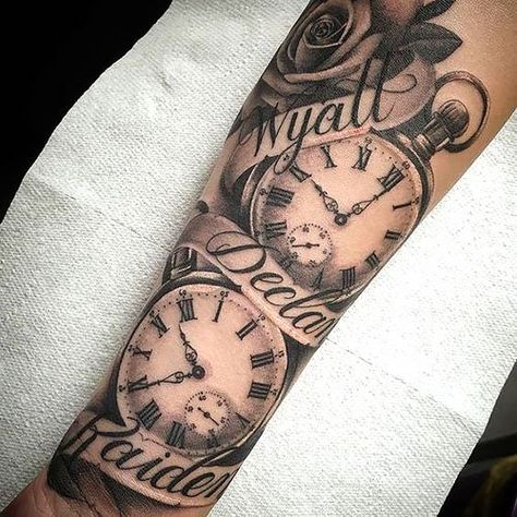 100 Powerful Name Tattoo Ideas for 2022 - The Trend Spotter Birth Clock Tattoo, Pocket Watch Tattoo Design, Clock Tattoo Sleeve, Clock Tattoos, Clock And Rose Tattoo, Script Banner, Family Tattoos For Men, Watch Tattoo Design, Pocket Watch Tattoos