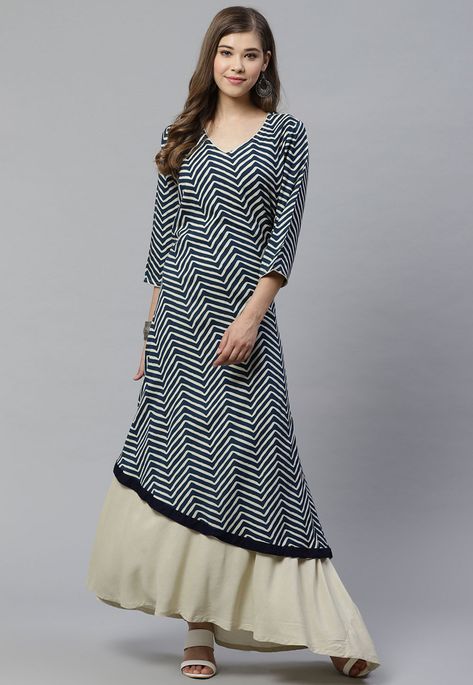 Viscose Rayon Layered Kurta in Navy Blue and Beige This Readymade attire is Enhanced with Zig Zag Print and Patch Border Work and is Crafted in V Neck and Quarter Sleeve Its Length is 53 inches Do note: Accessories shown in the image are for presentation purposes only and length may vary upto 2 inches.(Slight variation in actual color vs. image is possible). Double Layered Kurti Designs, Layered Kurta, Simple Clutch, Vs Image, Latest Kurti, Indian Kurta, Zig Zag Print, Utsav Fashion, Kurta Designs Women