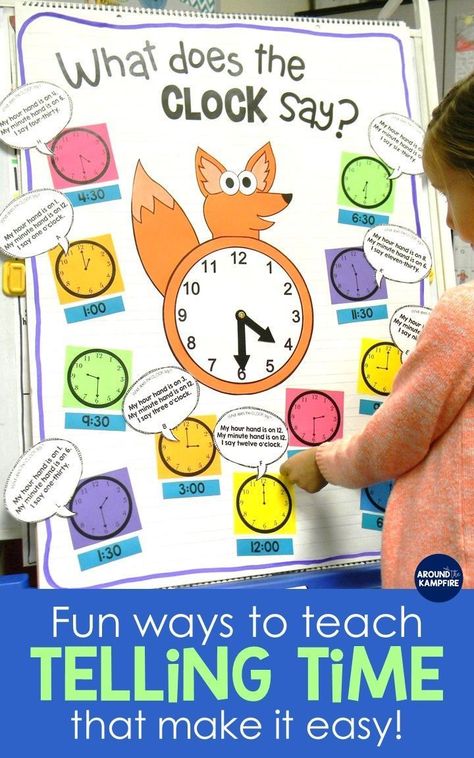 Are you looking for teaching ideas to make telling time easier for your first, second or third grade students? Find lots of time activities and games centered around this adorable anchor chart based on the What does the fox say? song! Easy to differentiate for Kindergarten,1st, 2nd, and even 3rd grade math by switching out the clocks with time to the hour, half hour, or 5 minutes. Such an unforgettable math lesson! Teach Telling Time, Telling Time Activities, What Does The Fox Say, Time To The Hour, Time Lessons, Kindergarten Homeschool, Teaching Time, Language Spanish, Math Time