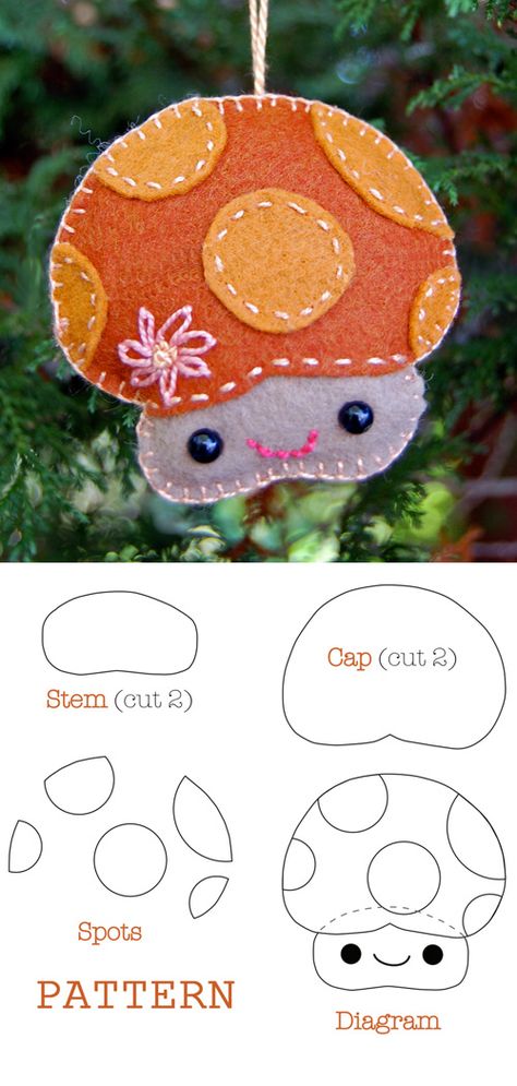 Molde, Tela, Natal, Felt Ornaments Patterns Free Diy Crafts, Felt Ornaments Embroidered, Printable Felt Patterns, Felt Mushroom Applique, Christmas Felt Crafts Free Pattern, Christmas Felt Embroidery