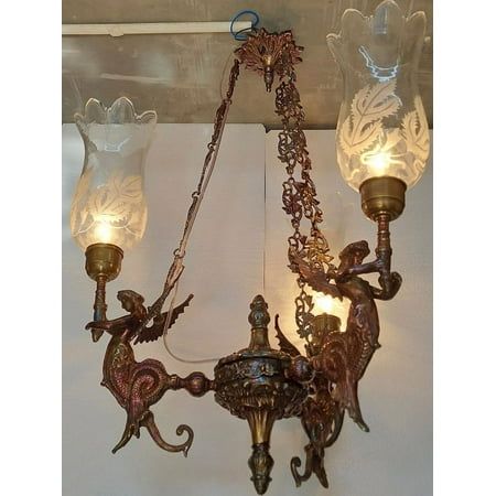 Antique Vintage Old Art Nouveau Brass Mermaid Ceiling Hanging Chandelier Lamp Light Size: Length 32 Inches & Breadth 24 Inches Mermaid Light, Victorian Ceiling, Antique Pendant Light, Victorian Chandelier, Candlestick Chandelier, Glass Art Deco, Antique Light Fixtures, Modern Crystal Chandelier, Lamp Ceiling