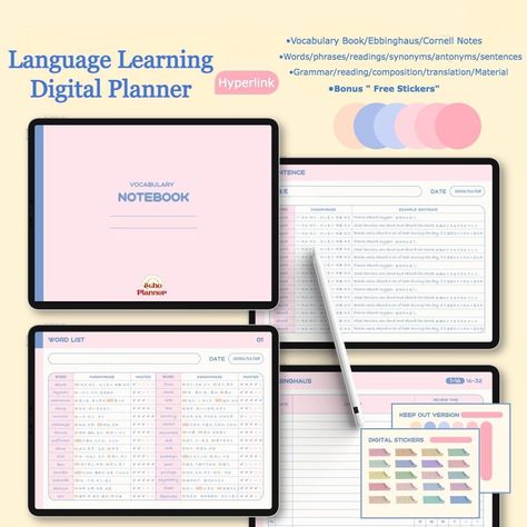 Language Learning Planner and Notebook | Grammar Digital Notebook | Ebbinghaus Planner | Vocabulary Digital Notebook | Study Journal myplanner #courseplannernotion #digitalplannertutorial. Language Plan, Language Learning Planner, Notes Cornell, Study Language, Jornal Book, Free Digital Stickers, Notebook Study, Vocabulary Journal, Notebook Paper Template