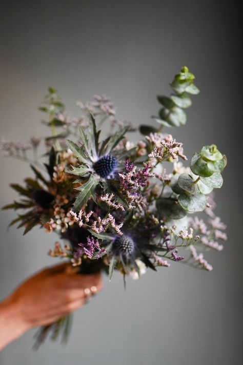 Scottish Heather Wedding Bouquet, Lavender Wildflower Wedding Bouquet, Lavender And Thistle Bouquet, Thistle Floral Arrangement, Scottish Wildflower Bouquet, Lavender And Navy Bouquet, Thistle In Bouquet, Scottish Bouquet Wedding, Heather Wedding Flowers