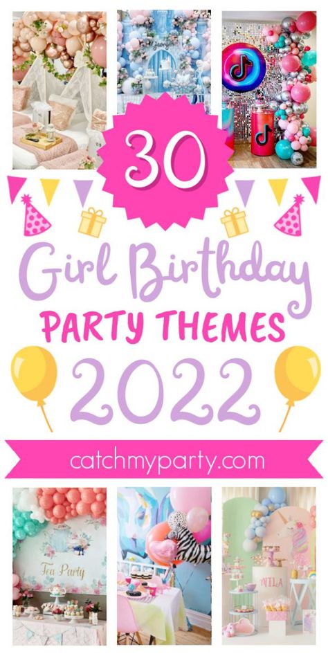 We are all itching to throw proper parties again, so to inspire everyone we've rounded up the most popular girl birthday party themes for 2022. See more party ideas and share yours at CatchMyParty.com 6th Girl Birthday Party Ideas, Six Year Old Girl Birthday Party, Girls Birthday Party Ideas Themes, Birthday Party Themes For 8 Year Girl, 6th Birthday Theme Girl, 9th Birthday Theme Girl, Eight Year Old Girl Birthday Party Ideas, Nine Year Old Girl Birthday Party Ideas, 6 Th Birthday Ideas For Girl