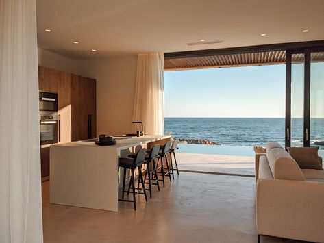Kitchen With Beach View, Modern House Sea View, Home With Beach View, House Beside The Sea, Sea Villa Beach Houses, Beach View From House, House By The Sea Interior, Home Near Beach, Kitchen With Sea View