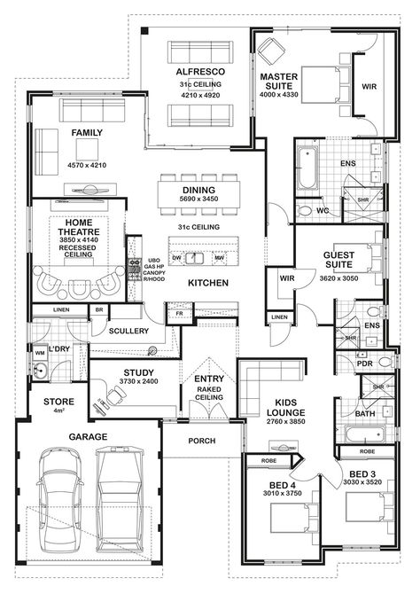 Hi there! Welcome to another Floor Plan Friday blog post. Today I have this very good 4 bedroom, 3 bathroom spacious family home... Pelan Rumah, Arsitektur Masjid, 4 Bedroom House Plans, Home Design Floor Plans, House Blueprints, 4 Bedroom House, Bedroom House Plans, Sims House, New House Plans