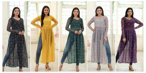 Nayra Cut Kurtis Are The Best Way To Stay Comfortable And Stylish At The Same Time. #KURTI :- FABRIC & WORK :- Fox Georgette with Bandhej Degital print. SIZE :- S(36),M(38),L(40),XL(42), XXL(44) LENGTH :- 50 INCH LINING :- Cotton (Half Inner Top only) SLEEVES :- Full sleeves (28''). NECK TYPE :- Pan shaped Colour :- 5 (Wine, Black,Grey,Yellow,Green) #nairacutkurti #georgettekurta #causalwear #printedkurti #ethnicdress #kurtidesign #nairastyle #kurticollection #newcollection Nayra Cut Kurti, Nayra Cut, Fabric Work, Fancy Kurti, Kurti Collection, Printed Kurti, Ethnic Dress, Full Sleeves, Grey Yellow