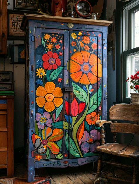 16 Whimsical Painted Furniture Ideas You Can't Ignore - Home Made Graceful Boho Painting Furniture, Hand Painted Furniture For Sale, Cabinet Door Painting Ideas, Painted Cupboard Ideas, Whimsical Cottage Art, Eclectic Painted Furniture, Bright Furniture Painted, Whimsical Painted Chairs, Painted Doors Creative