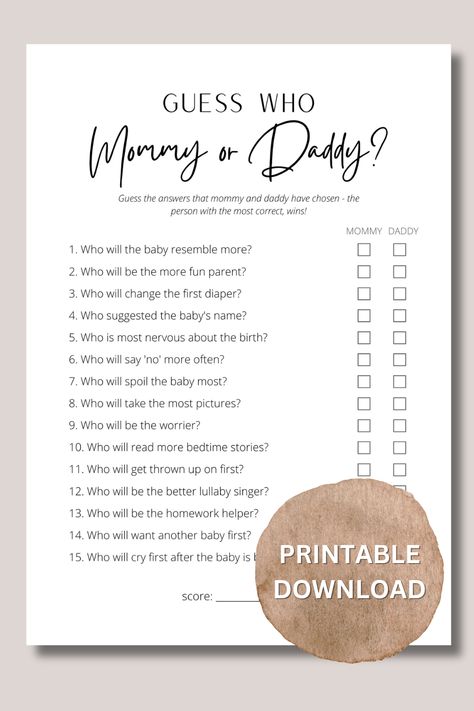 Organisation, How Well Do You Know The Parents To Be, Baby Shower Mom And Dad Pictures, Which Parent Is More Likely To Game, Baby Shower Games Mommy Or Daddy, Mommy Or Daddy Game Questions, Free Printable Baby Shower Games Prints, Guess Who Mommy Or Daddy Game, Guess Who Game Printable