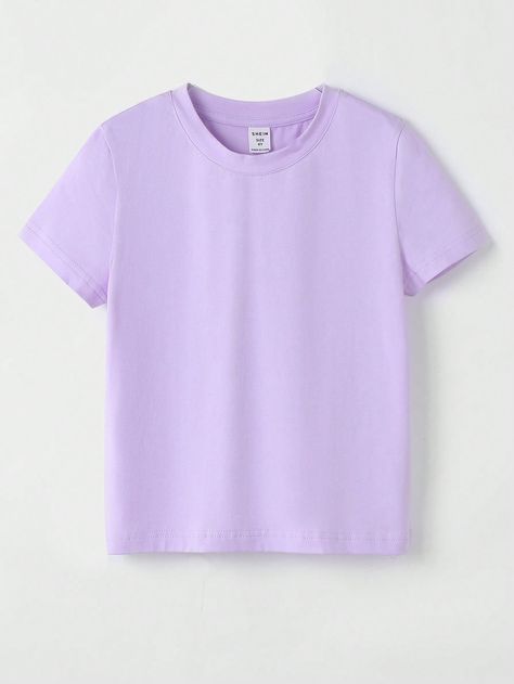 Lilac Purple Casual Collar Short Sleeve Knitted Fabric Plain  Embellished Medium Stretch  Tween Girls Clothing Light Purple Shirt, Violet Pastel, Color Lavanda, Shein Kids, Casual Preppy Outfits, Color Lila, Purple T Shirts, Trendy Fashion Tops, Round Neck Tees