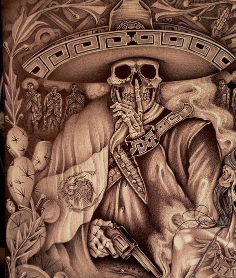 Mexican Gunslinger Tattoo, Tattoo Ideas For Men Aztec, Mexican Cultural Tattoos, Mexican Heritage Tattoos Small, Ranchero Tattoo, Aztec Tattoo Mexican Sleeve, Spaniard Tattoo, Mexican Chest Tattoo, Aztec Sleeve Tattoos Men