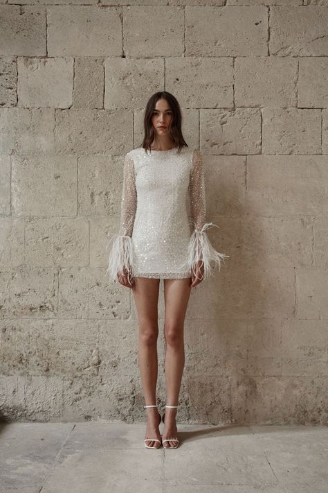 Wedding Dress For Women, Modern Bridal Gowns, Beaded Feather, Sequin Short, Wedding Dress Necklines, Mini Robes, Wedding Dress Fabrics, Long Sleeve Sequin, Sequin Shorts