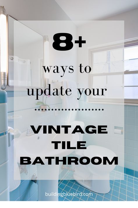 Vintage Bathroom Update, Blue Tile Bathroom Vintage, Retro Tile Bathroom, Vintage Blue Tile Bathroom, Yellow Tile Bathroom Ideas, Square Tile Bathroom, Vintage Yellow Bathroom, Vintage Tile Bathroom, Vintage Blue Bathroom